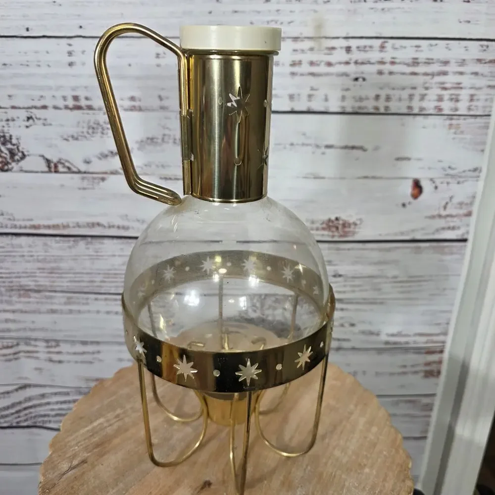 VTG Corning Glass Carafe & Rustic Brass Warming Stand Star Cutouts